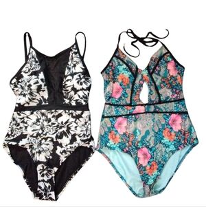 Two Floral Swimsuits Black and Blue One Pice Bathing Suits Size M 8-10